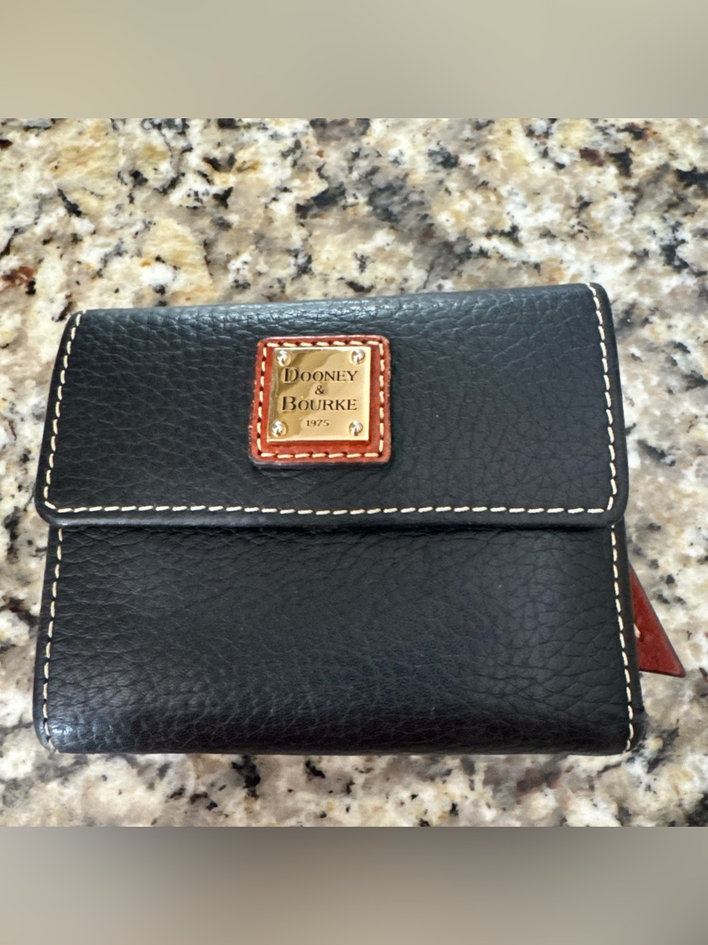 Dooney & Bourke Black Leather Wallet with Gold Plaque and Tan Trim